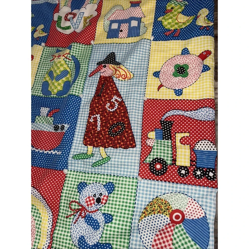 Vintage 70's Baby Child Quilt Blanket Primary Colors Train Kitten Ducks Turtle